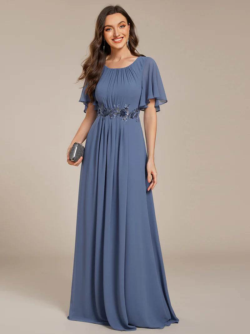 A-Line Floor-Length Evening Dress with Short Sleeves and Applique - Biamonde
